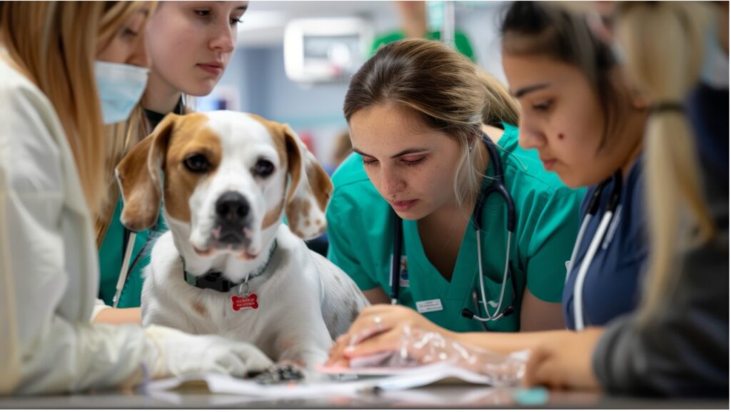 Vétérinaire et assistants autour d'un chien